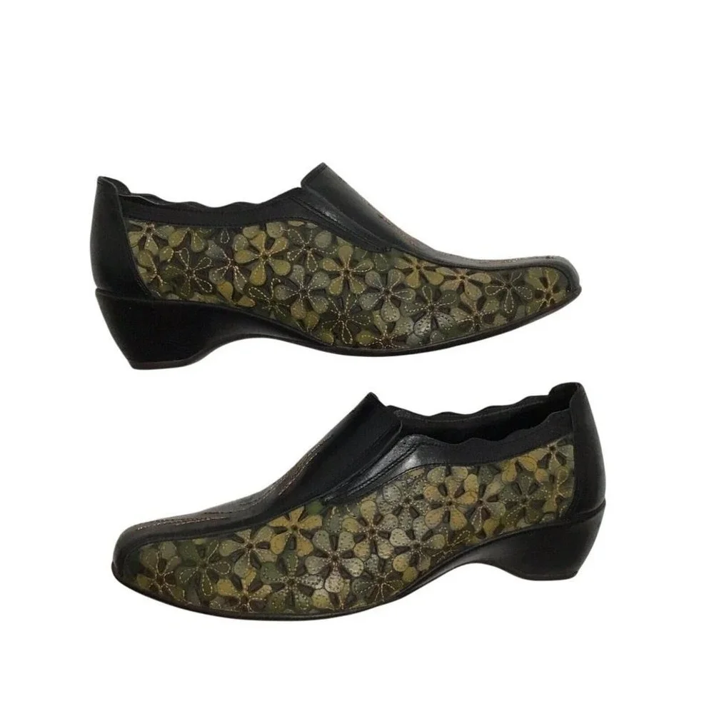 Pikolinos Womens 37 Black Olive Green Floral Leather Laser Cut Wedge Shoes